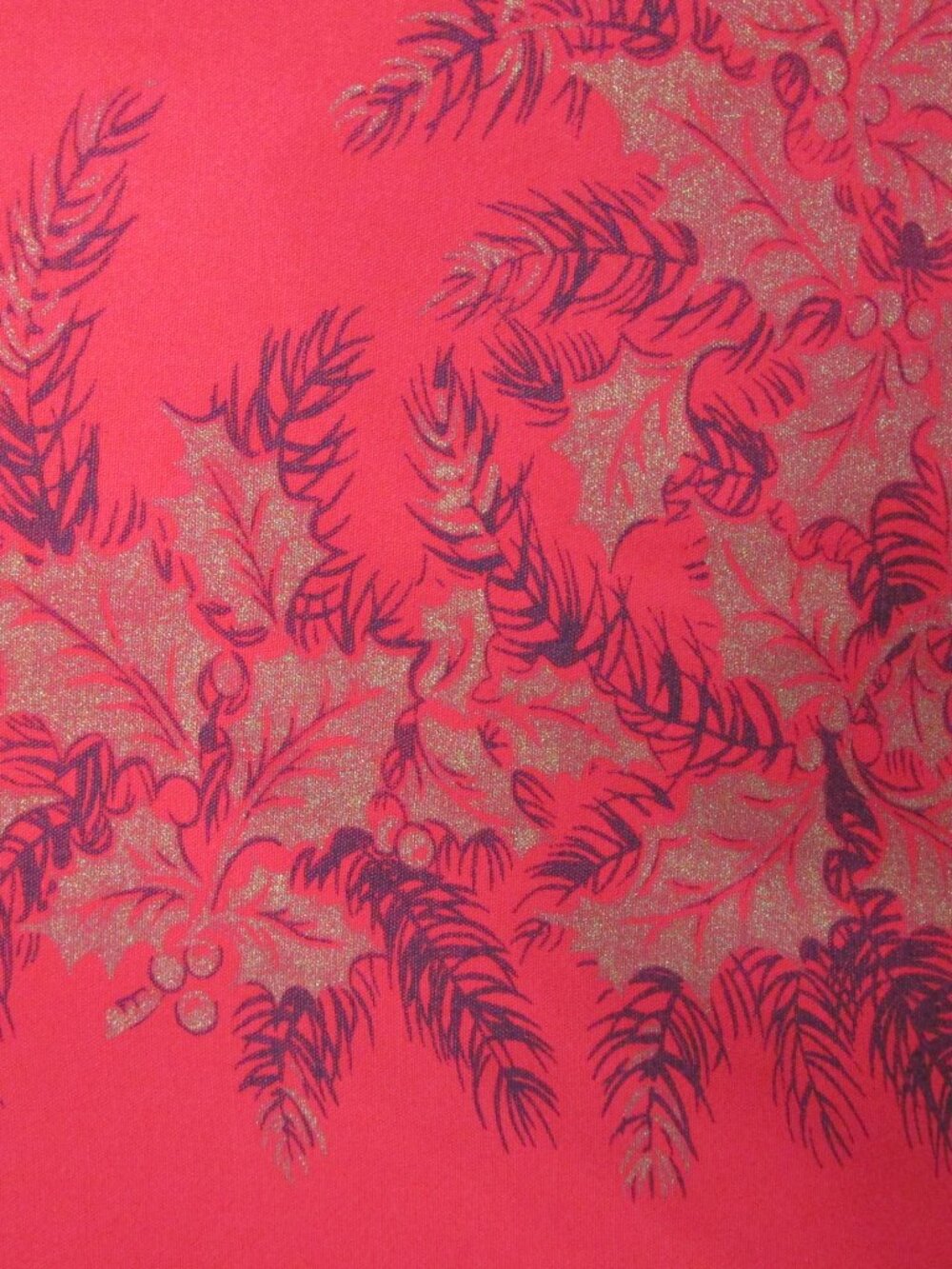 Vintage Christmas Tablecloth 53"x69" Linen Rectangle Red Metallic Holly